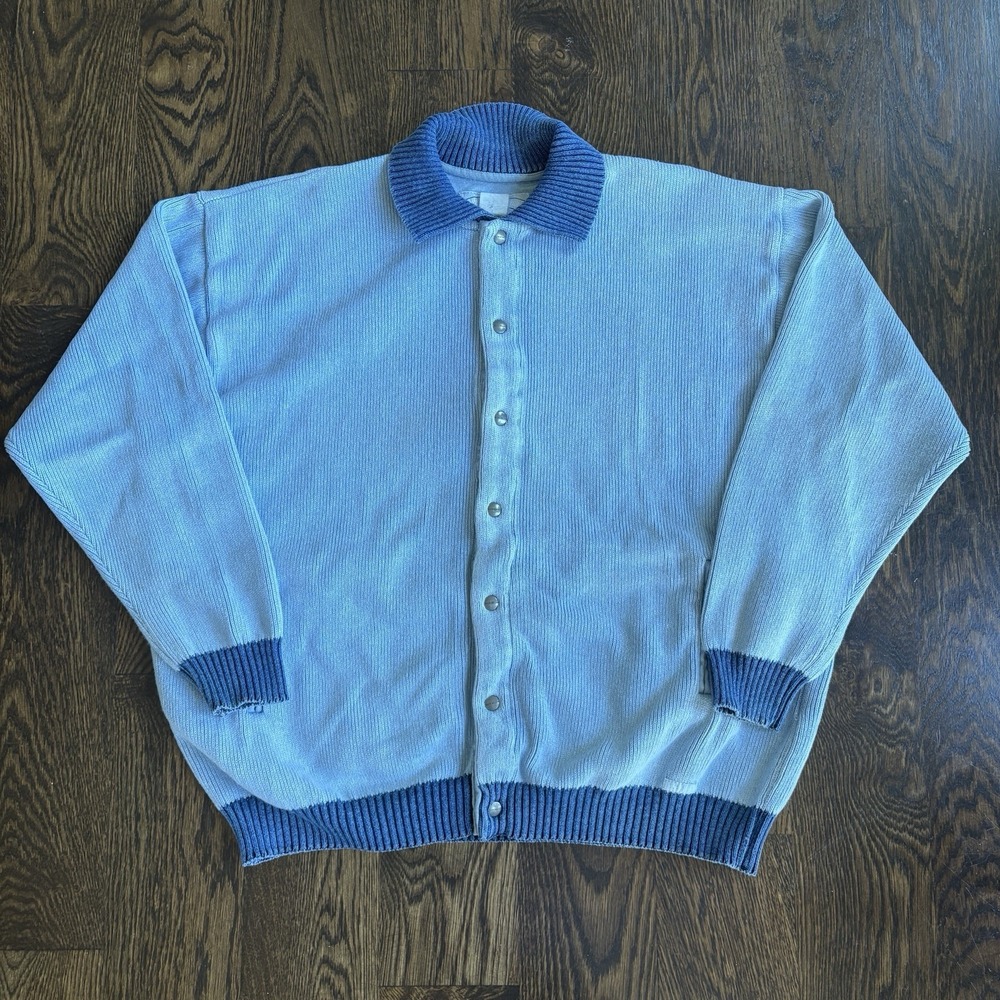 Vtg Blue Willis Heavy Ribbed Cotton Cardigan Button Snap Sweater Jacket Blue XL